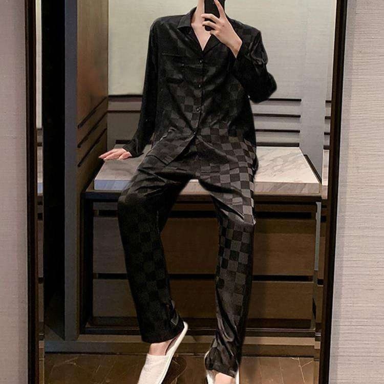 メンズパジャマ 高級チェック柄シルクパジャマセット