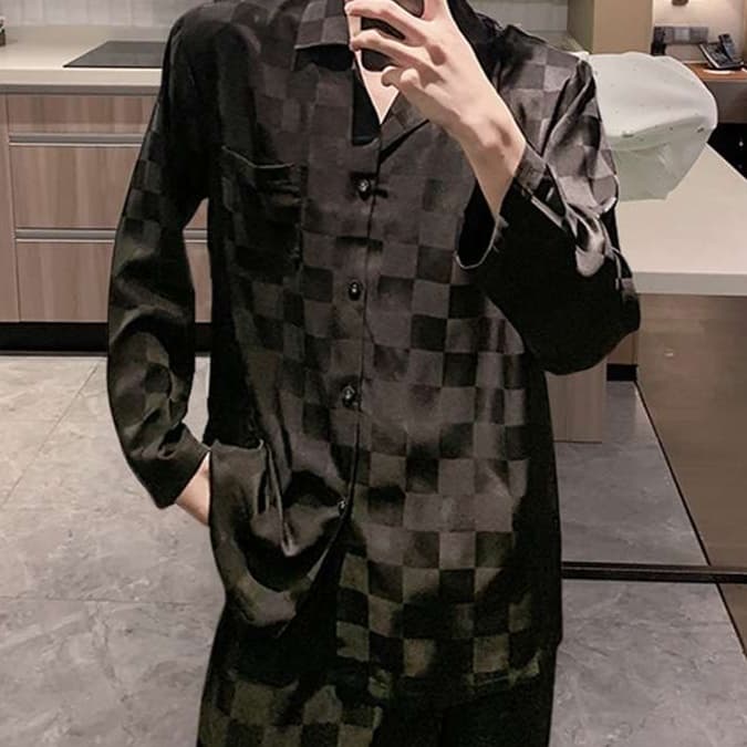 メンズパジャマ 高級チェック柄シルクパジャマセット