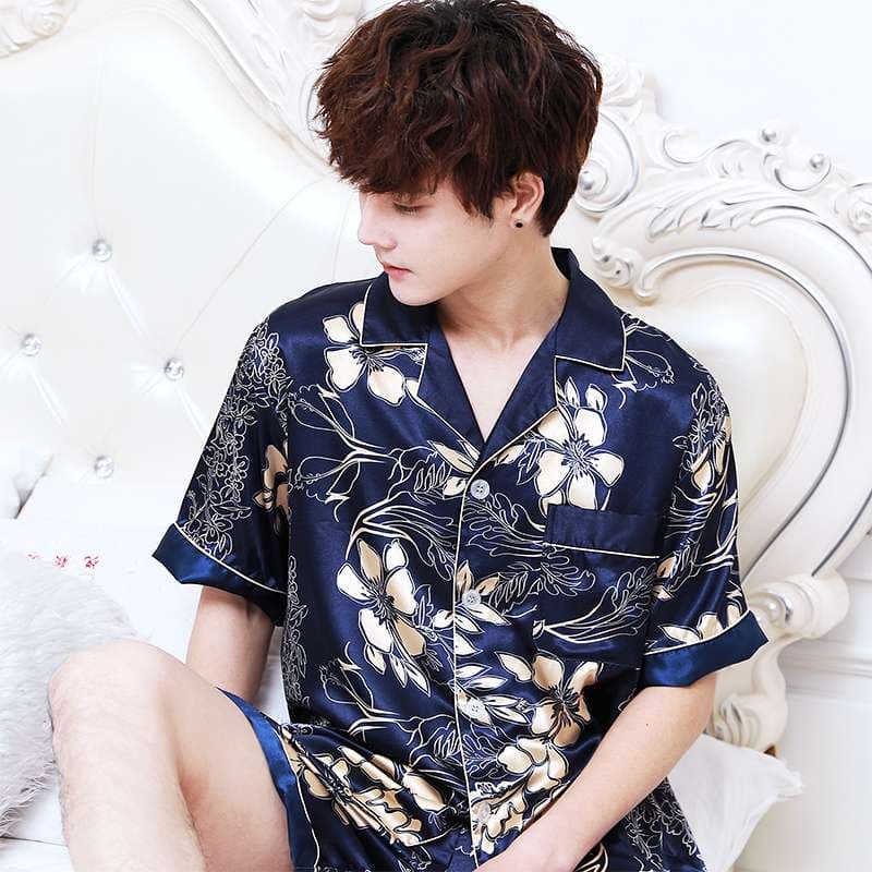 メンズパジャマ 高級花柄シルクパジャマセット