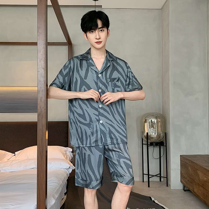 メンズパジャマ 涼やか縞柄シルクパジャマ上下セット