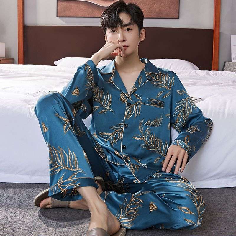 メンズパジャマ 高級感漂う葉柄プリントシルクパジャマ